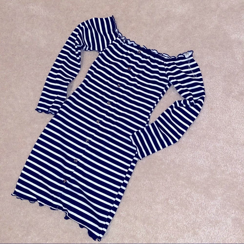 Off the Shoulder Striped Button Dress